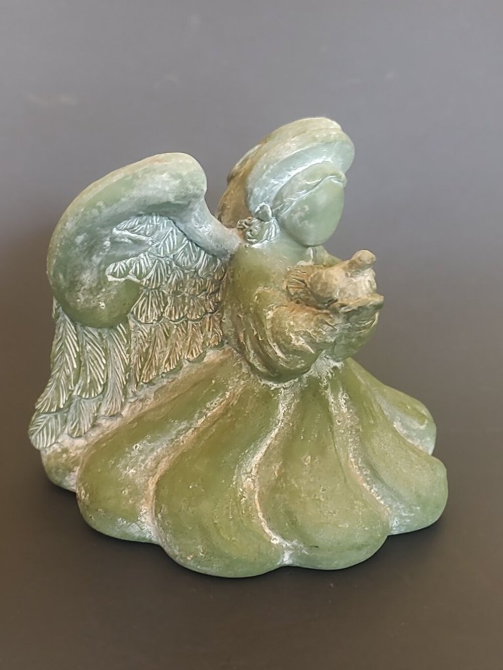 Vintage Girl Angel with Dove Green Stone Sculpture Taper Candle Holder